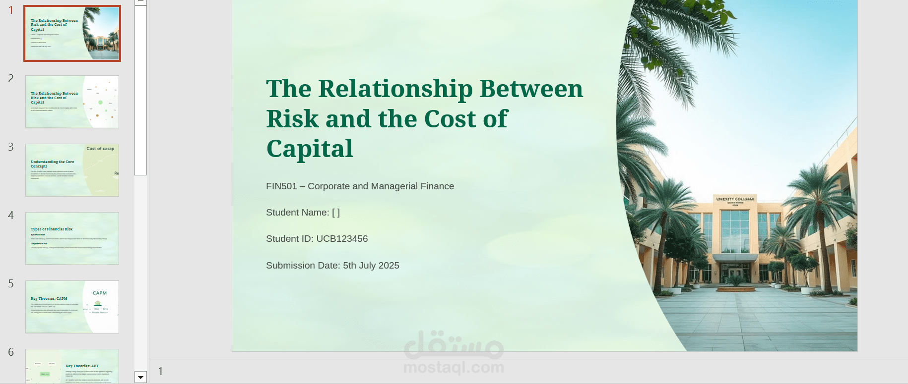 قمتُ بإعداد **عرض تقديمي (Presentation)** بعنوان *"The Relationship Between Risk and the Cost of Capital"*