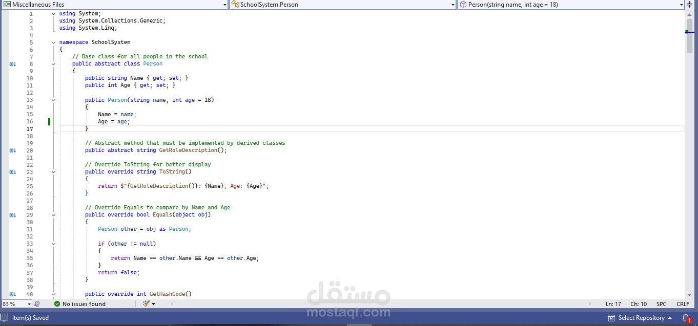 تطوير نظام مدرسي مصغر بلغة C# يوضح مفاهيم OOP المتقدمة وتحميل المعاملات (Operator Overloading)