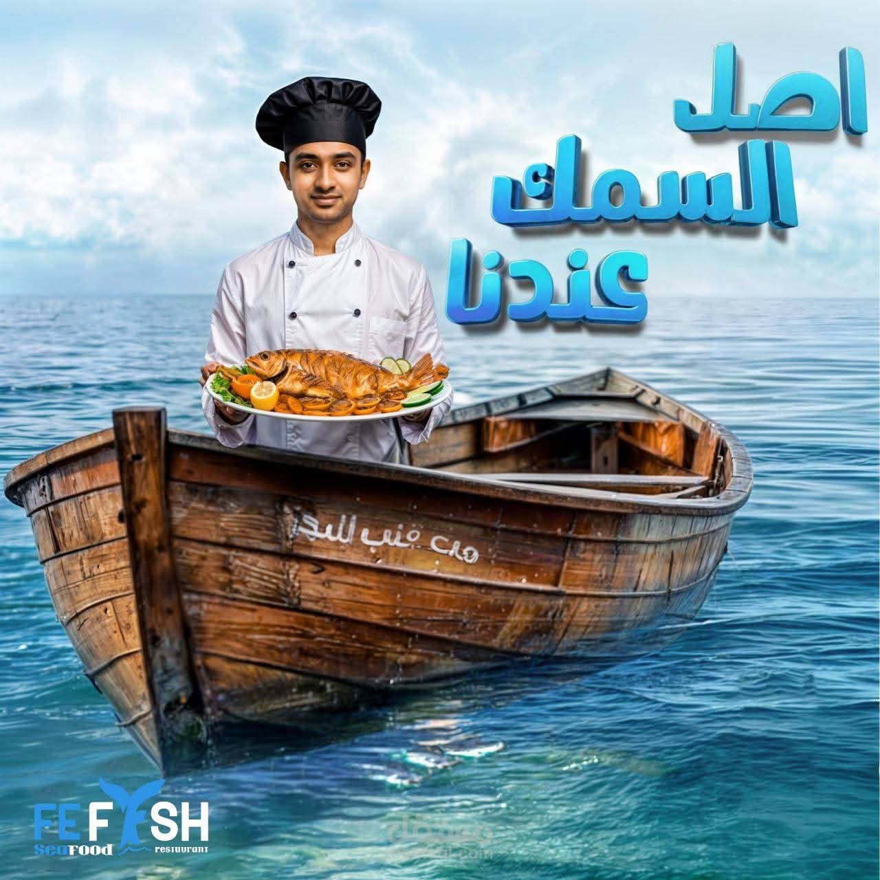 "تصميم بوستر إعلاني لمطعم سمك باستخدام Photoshop، مع التركيز على إبراز المنتج بشكل جذاب وإضافة عناصر بصرية توضح المزايا الرئيسية."