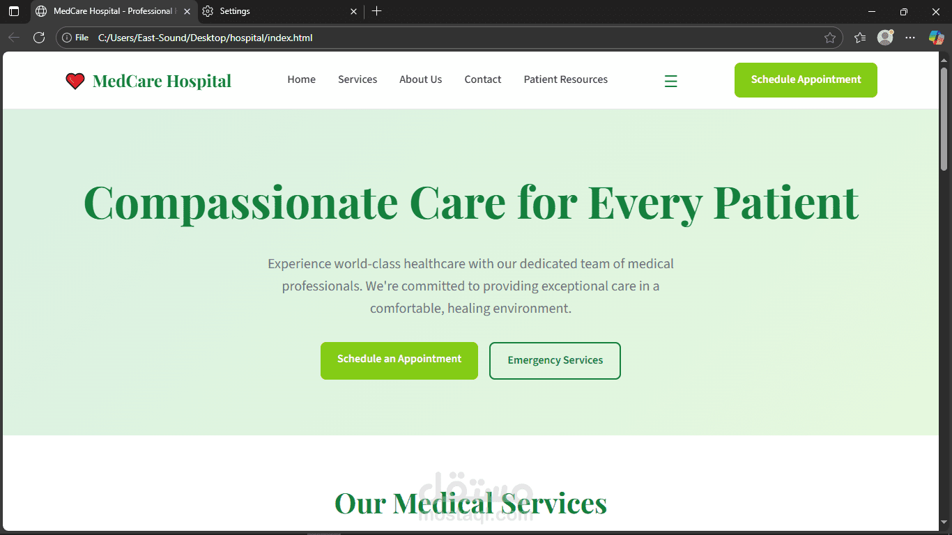 تصميم وتطوير صفحة هبوط احترافية لمستشفى MedCare Hospital