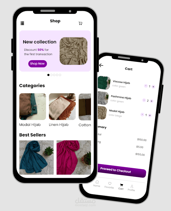 تصميم واجهات تطبيق Avera لبيع الطرح والملابس بأسلوب عصري ومميز
