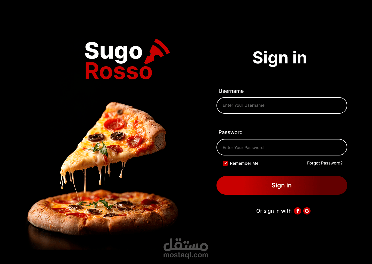 تصميم صفحة تسجيل دخول لموقع مطعم بيتزا (Sugo Rosso)