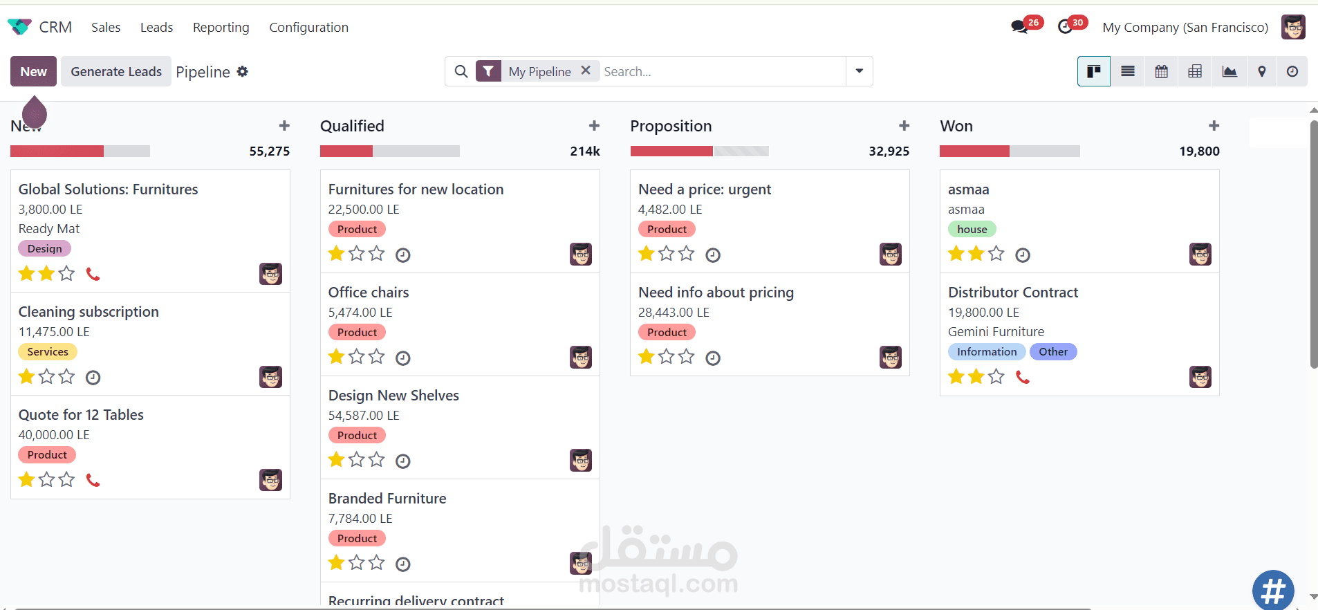 نظام إدارة علاقات العملاء – متابعة العملاء المحتملين (Odoo CRM Pipeline)