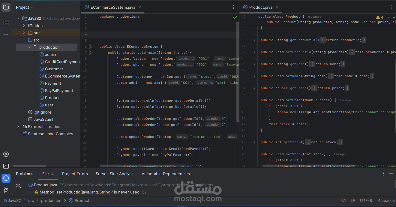 طورت نظام تجارة إلكترونية باستخدام Java و MySQL كجزء من تدريبي العملي في البرمجة واختبار البرمجيات. المشروع يحتوي على: