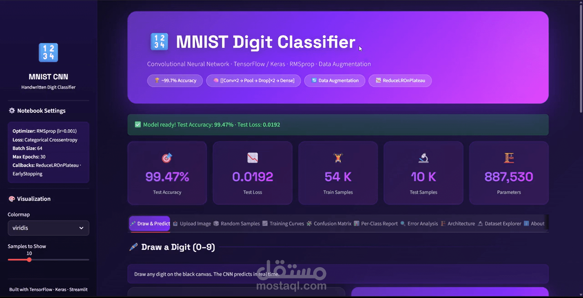 نظام AI للتعرف على الخط اليدوي بدقة 99.7% | Interactive MNIST CNN Classifier