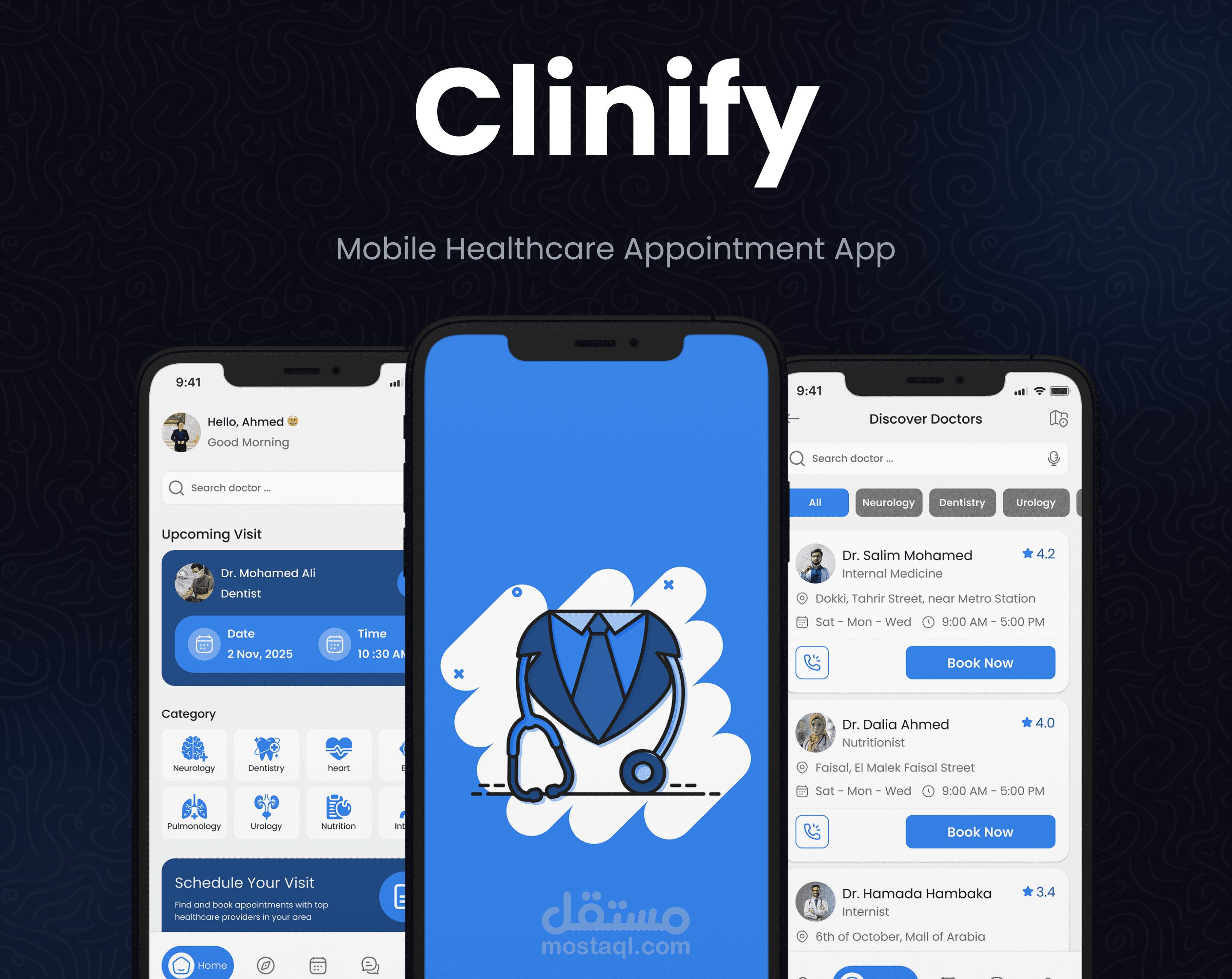 تصميم واجهات تطبيق Clinify لحجز المواعيد الطبية
