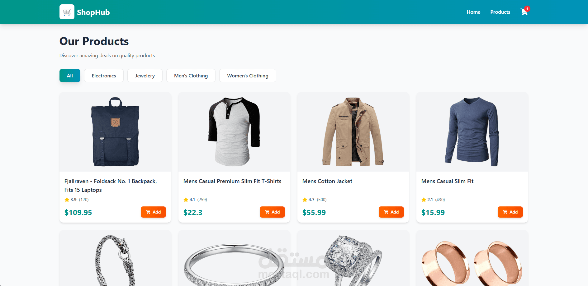 متجر إلكتروني متكامل - ShopHub باستخدام React و API حقيقي