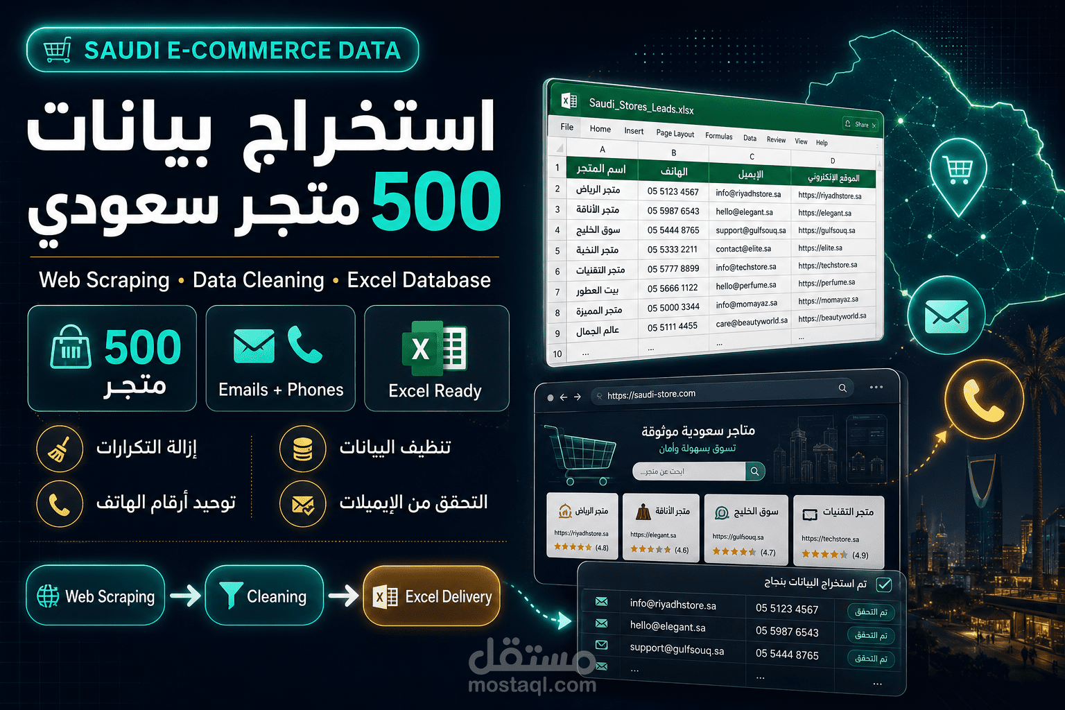استخراج بيانات 500 متجر إلكتروني سعودي (رابط الموقع + رقم الهاتف + الإيميل) بدقة عالية
