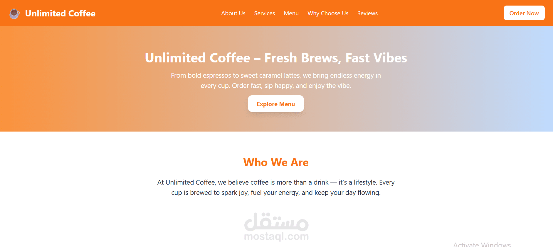 Unlimited Coffee – واجهة لمتجر إلكتروني لتقديم المشروبات (HTML + Tailwind CSS + JavaScript)