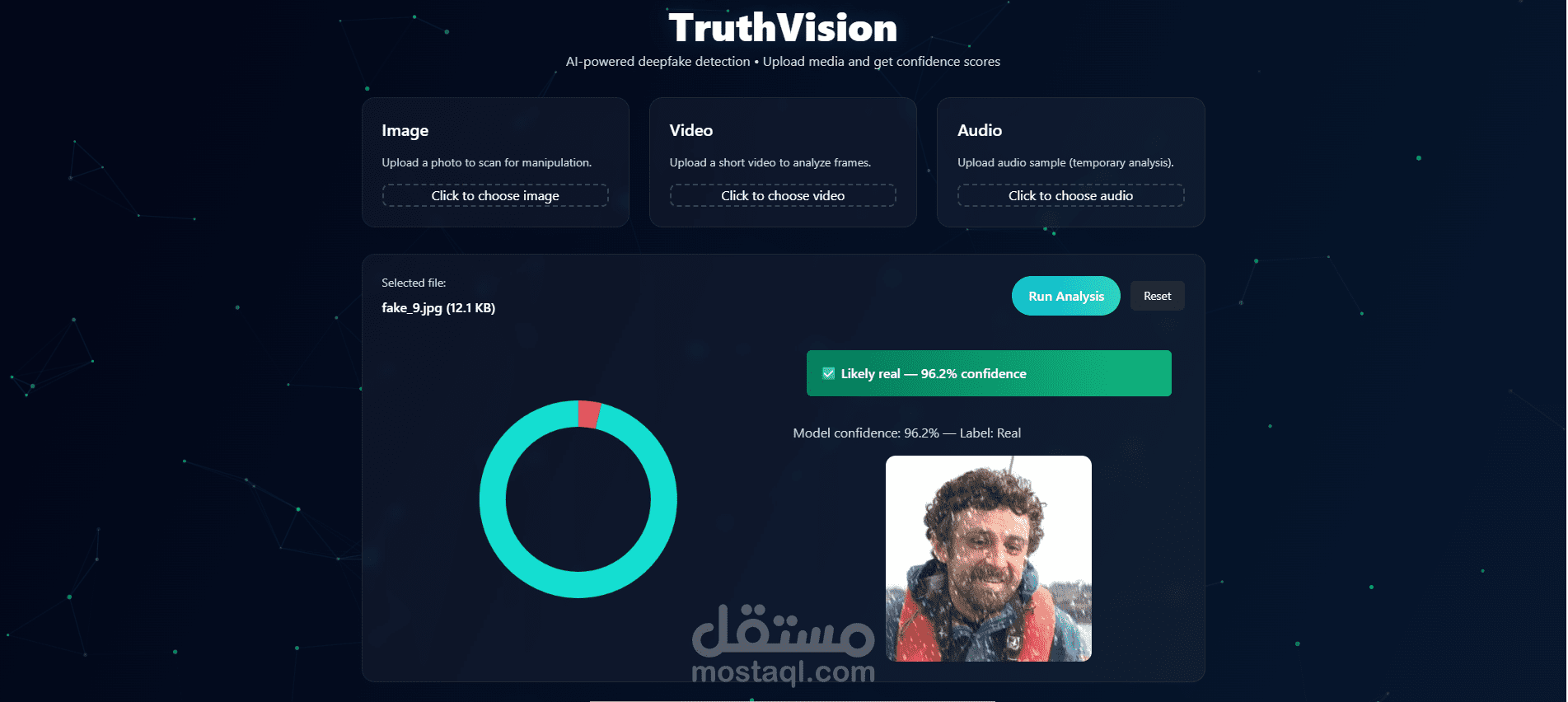تصميم واجهة مستخدم احترافية لمنصة كشف التزييف العميق (TruthVision)