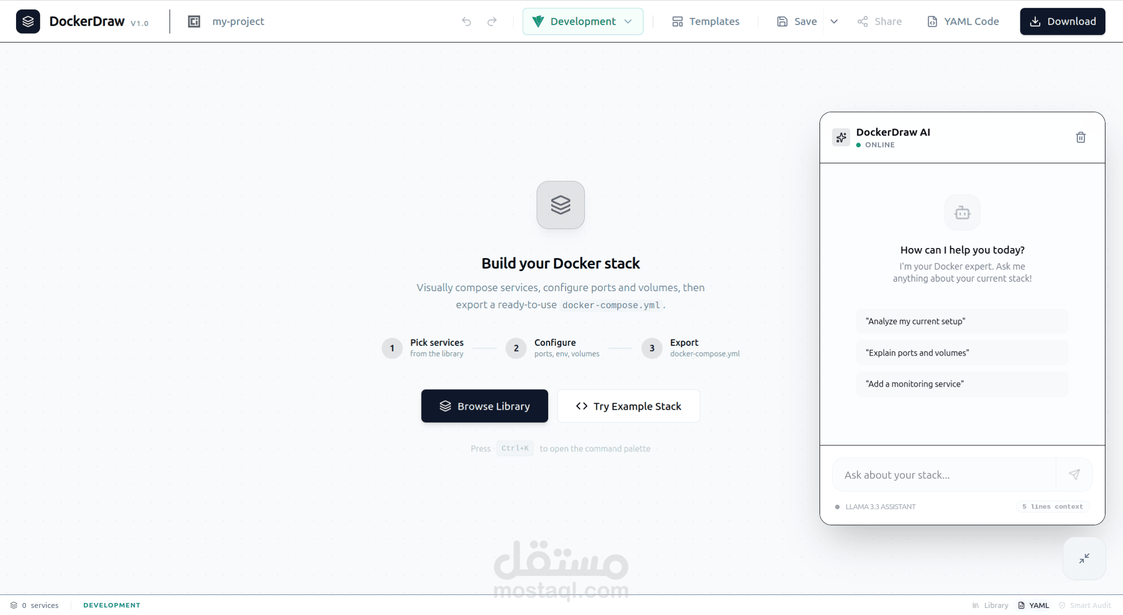 DockerDraw — محرر Docker Compose مرئي مدعوم بالذكاء الاصطناعي