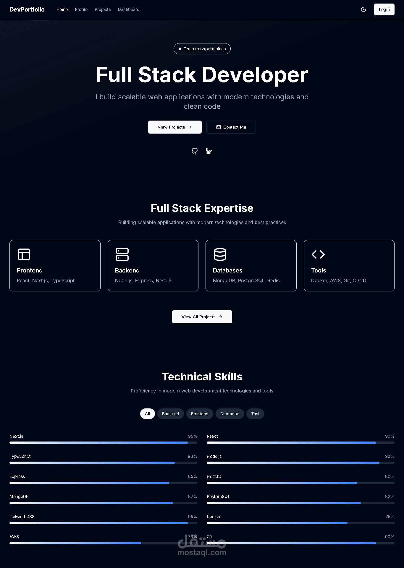 موقع بورتفوليو شخصي لعرض المشاريع والمهارات (Full Stack Portfolio)