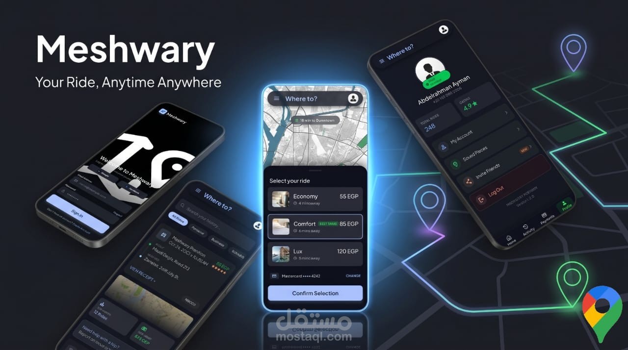 Meshwary – تطبيق توصيل أشخاص متكامل (Flutter & .NET Backend) مع تتبع لحظي وخرائط Google | شبيه بـ Uber و Careem