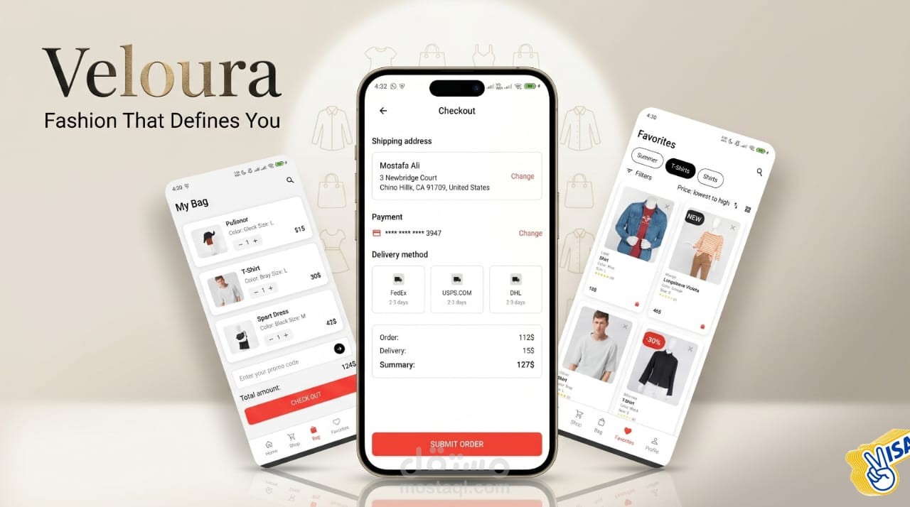 Veloura – تطبيق متجر إلكتروني احترافي لبيع الملابس والإكسسوارات (Flutter E-Commerce App)