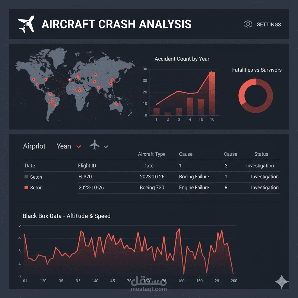 عمل داش بورد تفاعليه عن حوادث الطائرات