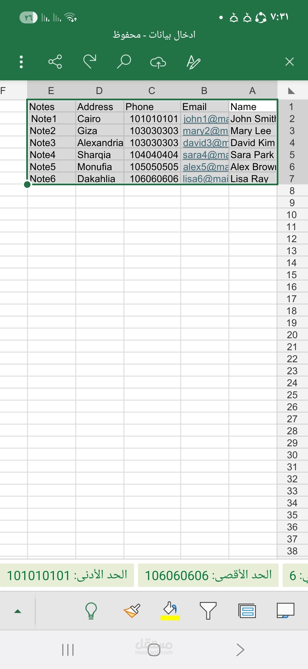 إدخال بيانات عملاء على ملف Excel