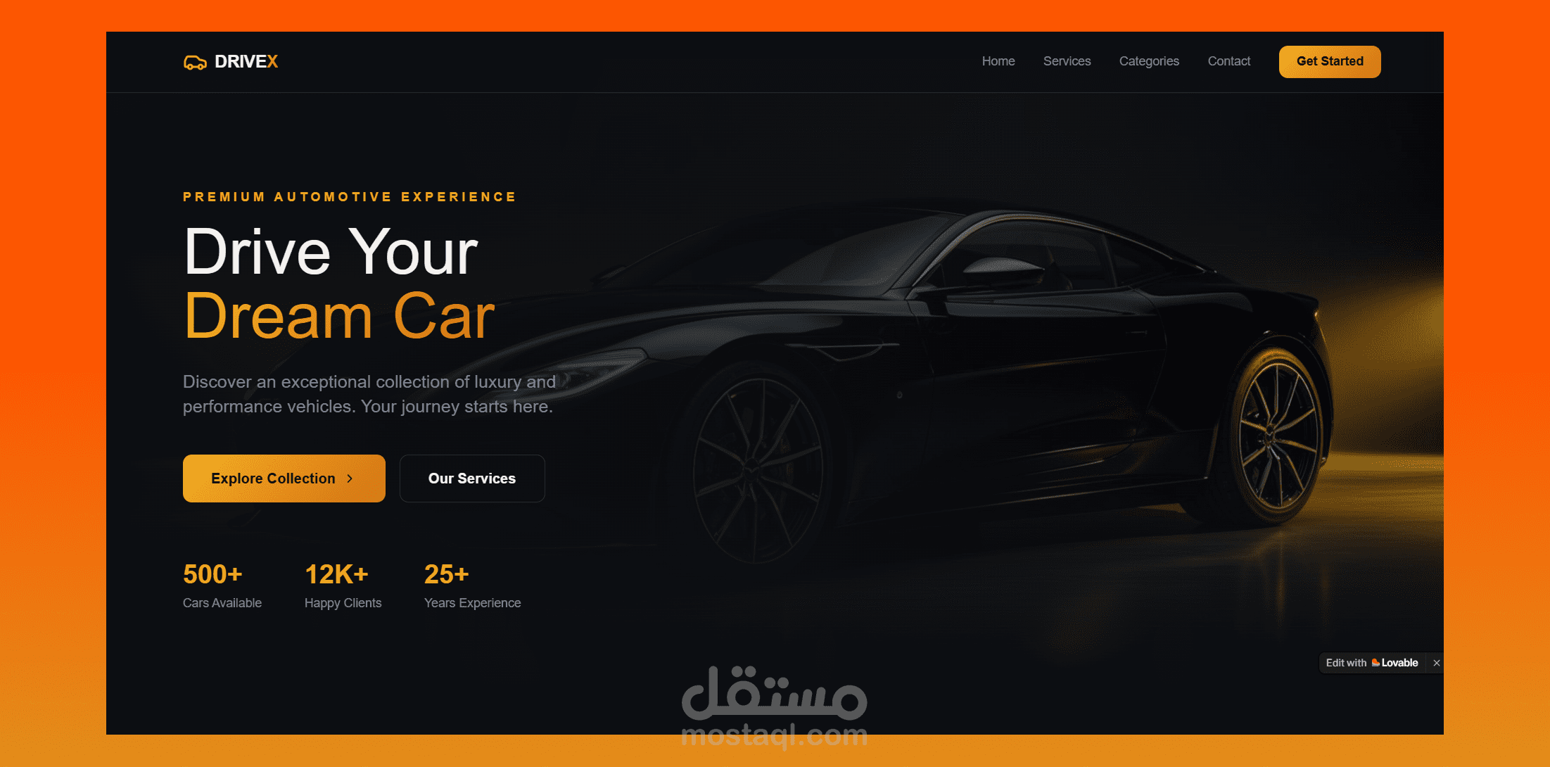تصميم واجهة مستخدم (UI) احترافية لموقع "DriveX" لتجارة وصيانة السيارات الفاخرة.