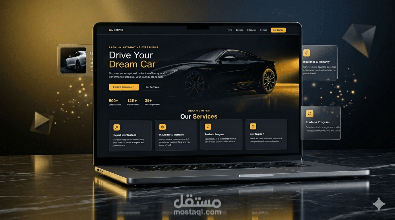 تصميم واجهة مستخدم (UI) احترافية لموقع "DriveX" لتجارة وصيانة السيارات الفاخرة.