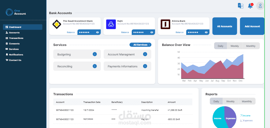One Account Dashboard — لوحة تحكم لإدارة الحسابات البنكية