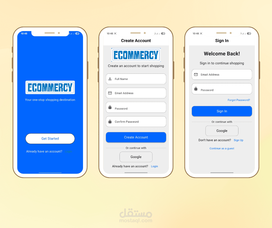 واجهات تسجيل الدخول لتطبيق متجر الكترونى