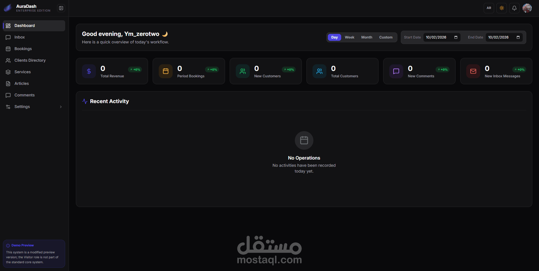 AuraDash هو نظام لوحة تحكم متكامل (Headless CMS) وإدارة أعمال بمستوى المؤسسات، مصمم خصيصاً لمقدمي الخدمات. تم هندسة هذا النظام من الصفر ليعمل كـ "عقل مدبر" مستقل (Backend API) يمكن ربطه بسلاسة مع أي واجهة مستخدم، سواء كانت موقع ويب أو تطبيق هاتف ذكي