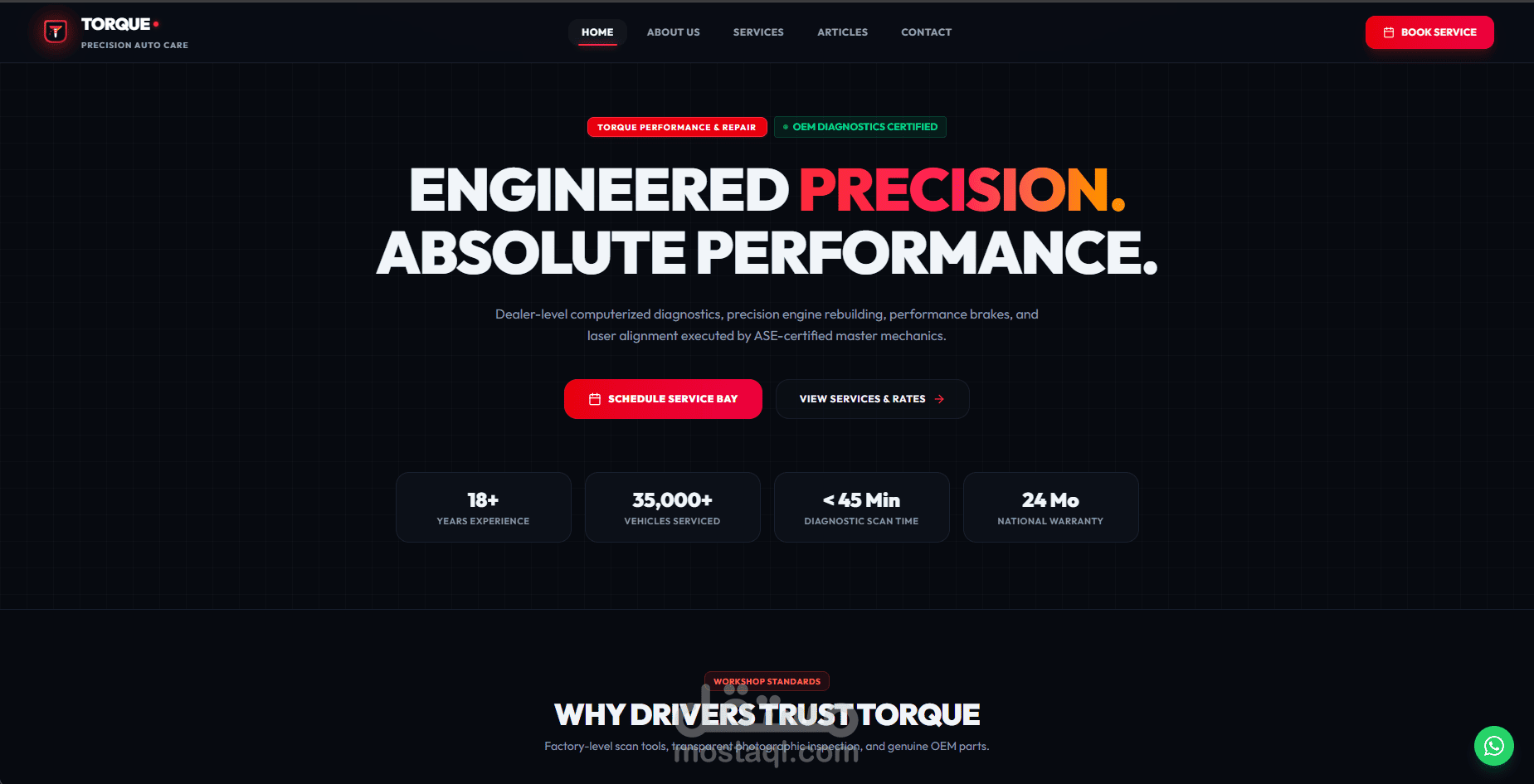 موقع ويب تفاعلي لمركز صيانة وخدمات سيارات متقدم (Torque Auto Care)
