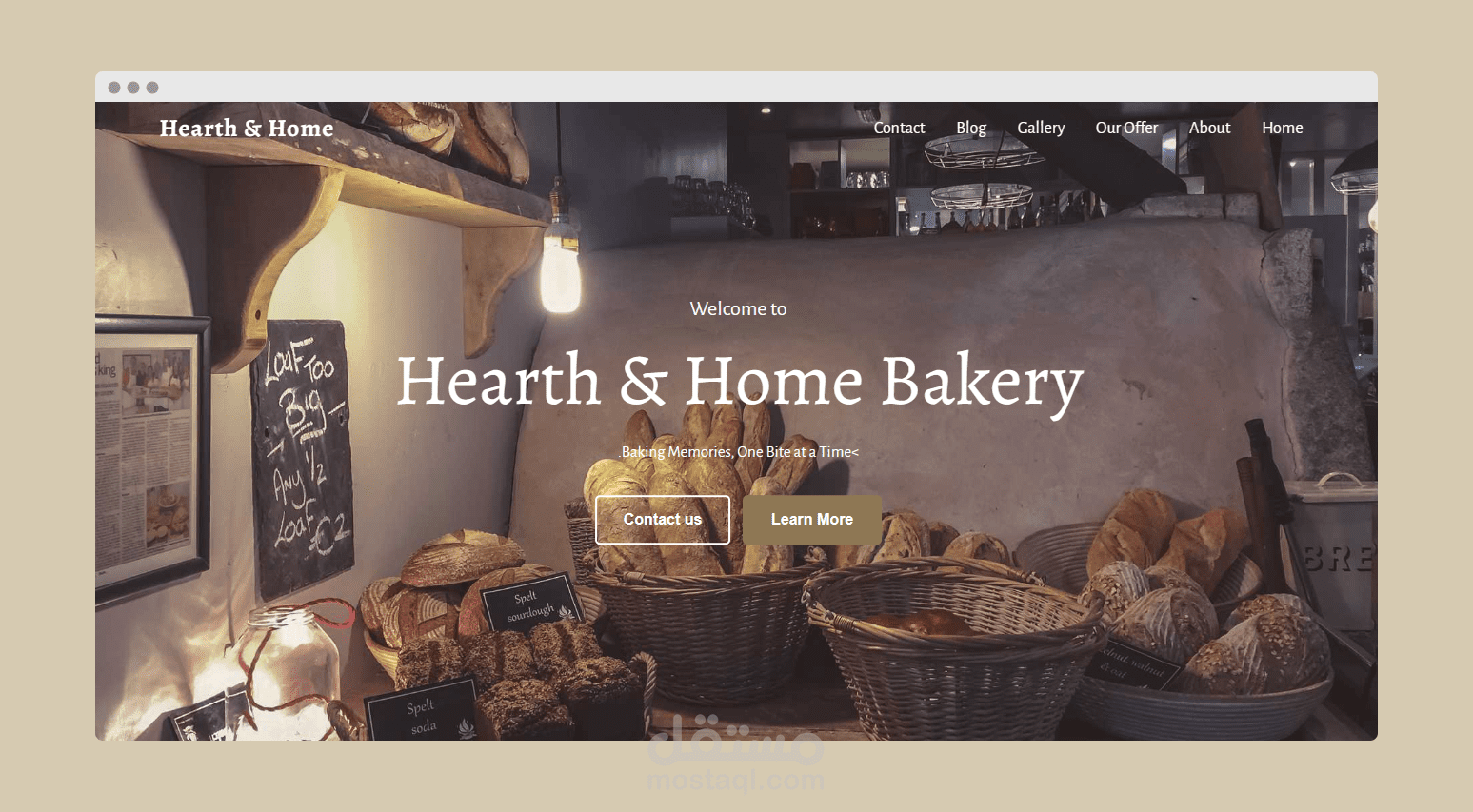 تصميم واجهة أمامية دافئة وجذابة لمخبز "Hearth & Home Bakery"