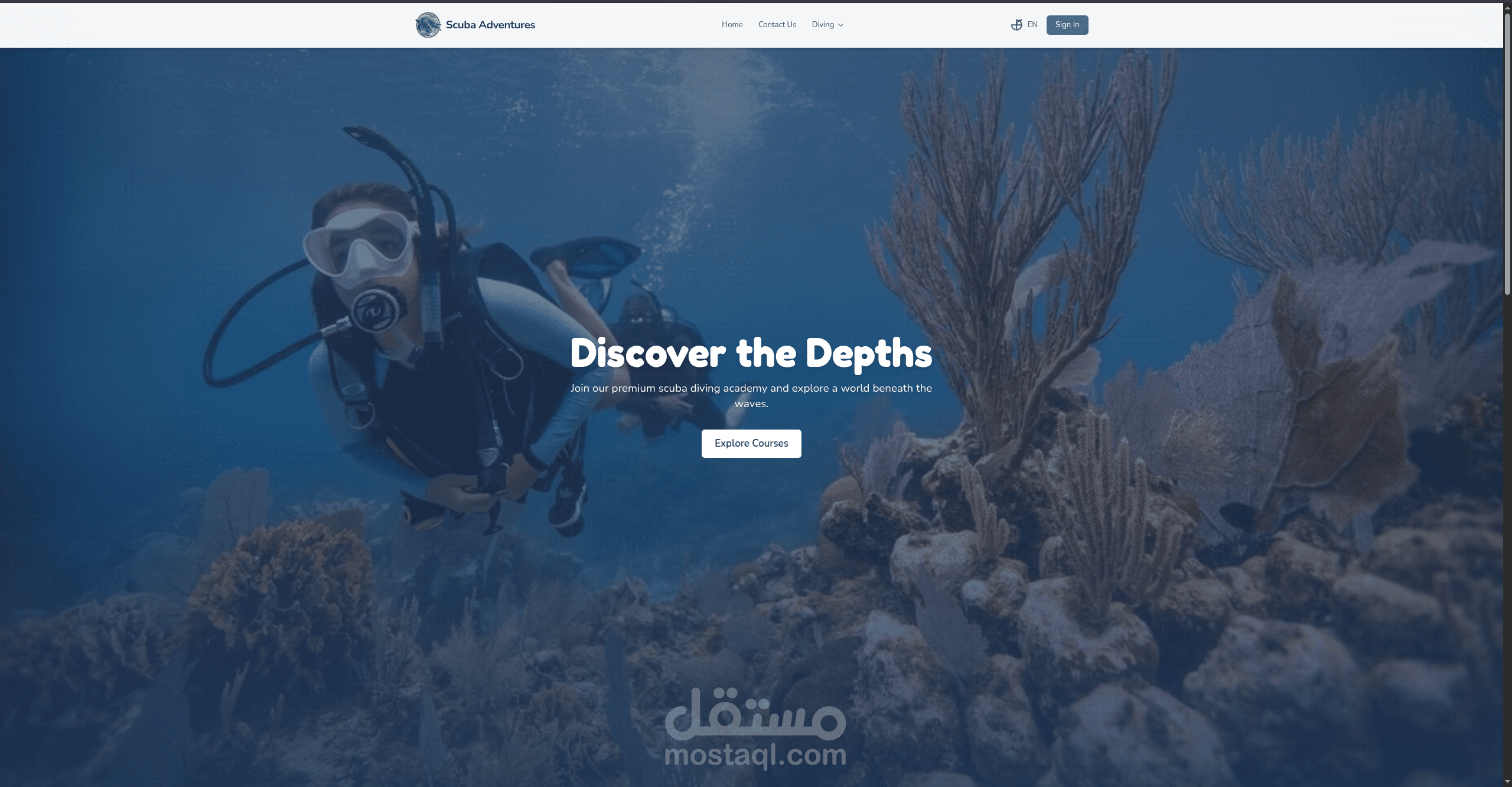 تطوير موقع متكامل ومتعدد اللغات لأكاديمية غوص سياحية (Scuba Adventures) مع نظام حجوزات ولوحة تحكم