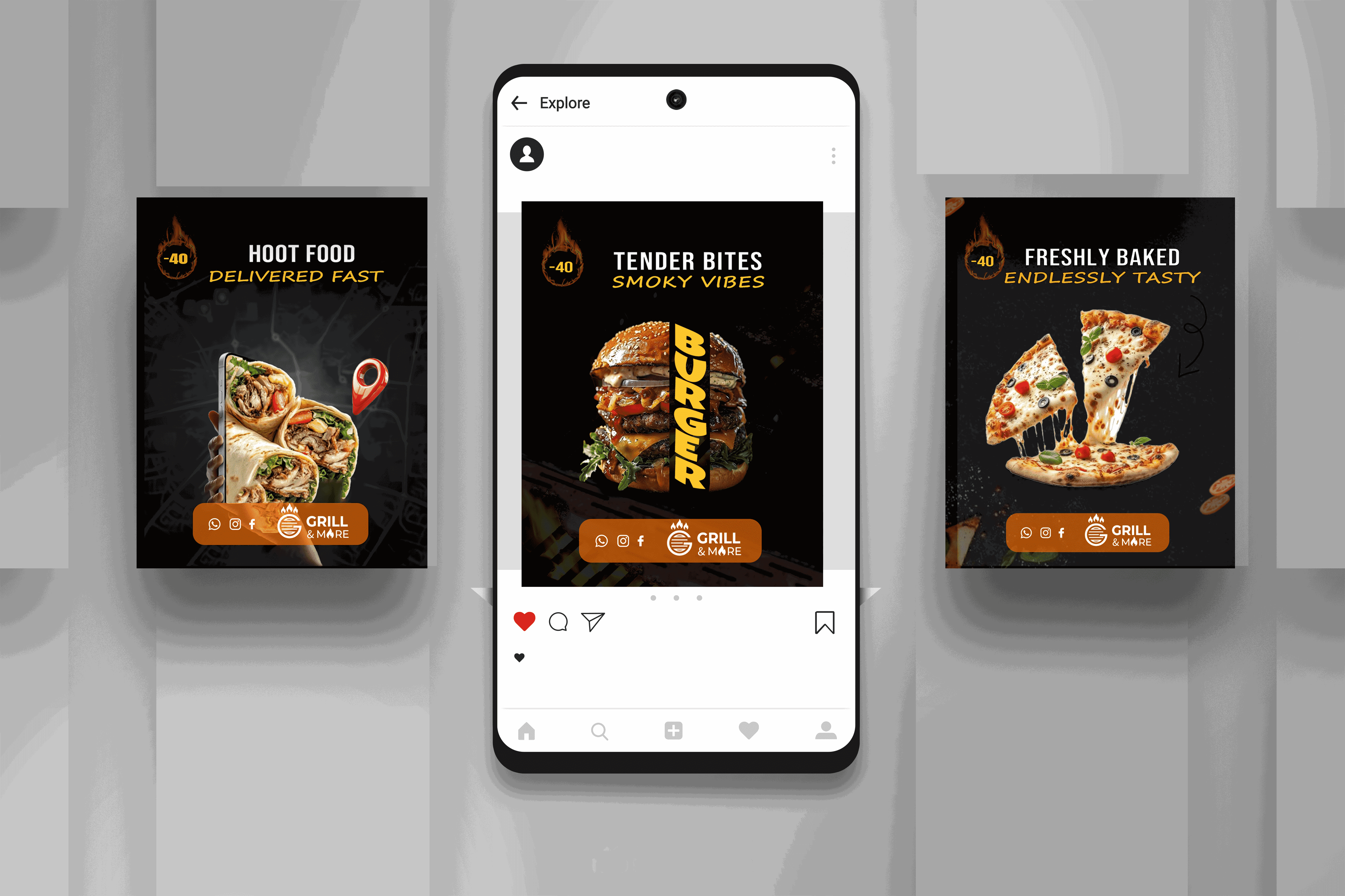 تصميم منشورات سوشيال ميديا إبداعية لمطعم وجبات سريعة (Grill & More).