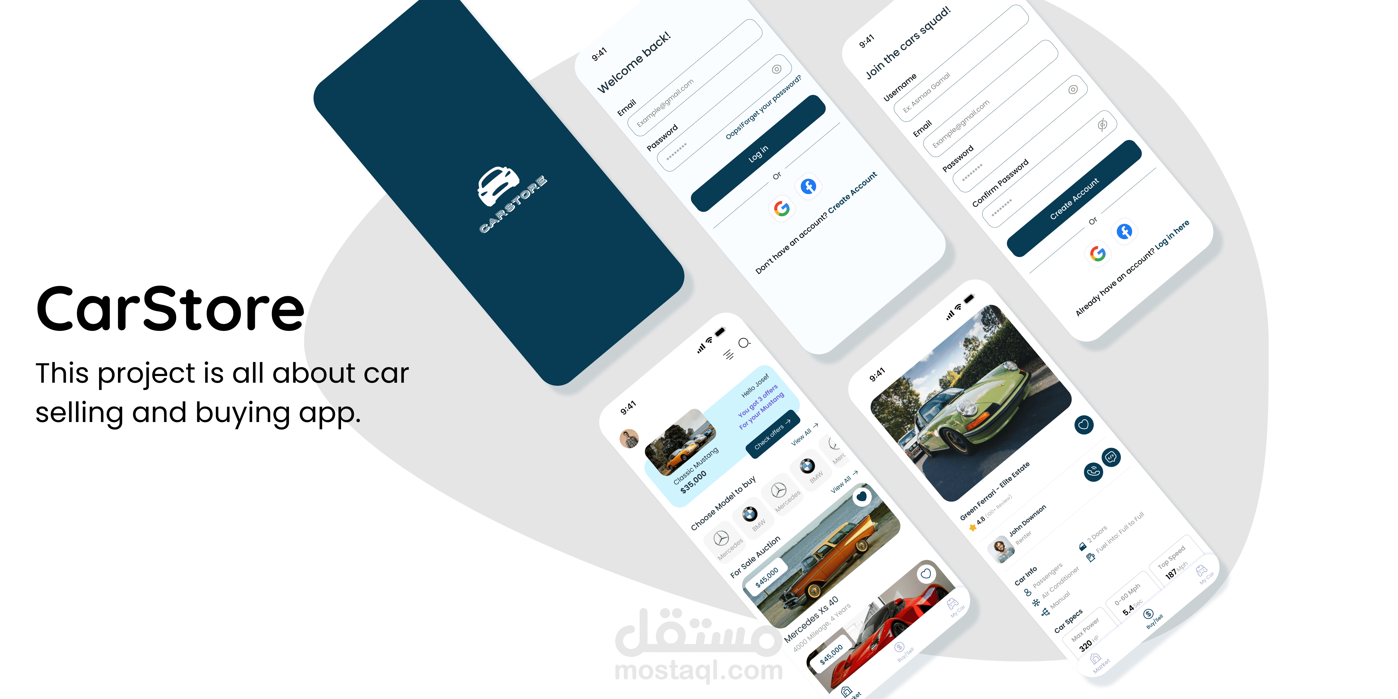 تصميم شاشات تطبيق موبايل بيع وتأجير للسيارات (CarStore ) - Car Store) Ui Ux Design for selling and Renting Cars)