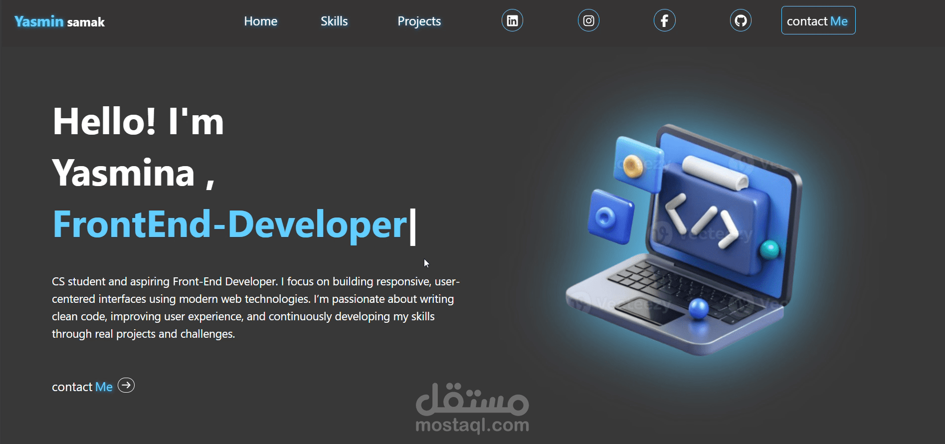 تطوير موقع Portfolio شخصي متكامل وتفاعلي باستخدام React.js و Tailwind CSS