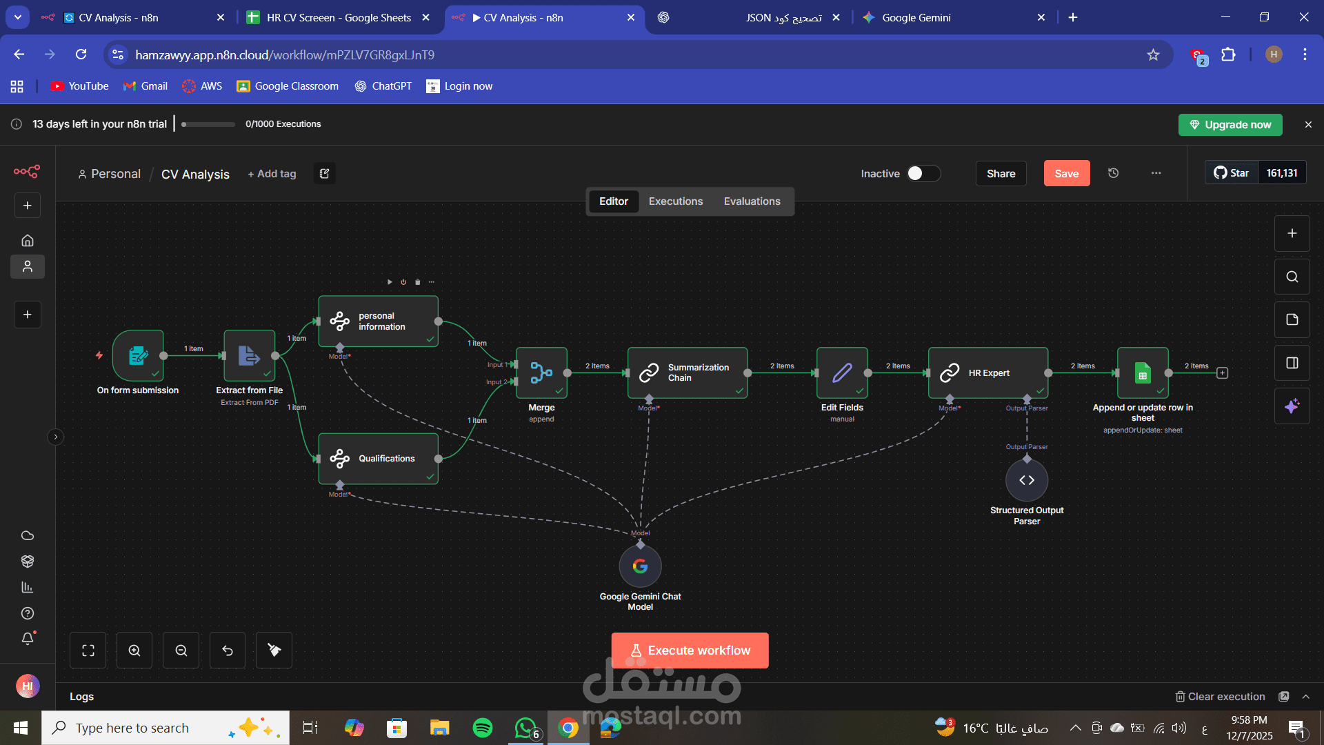 AI-Powered HR Workflow using n8n for Automated CV Analysis and Candidate Evaluation