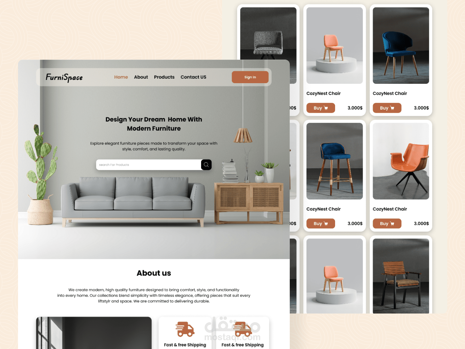 تصميم صفحة هبوط (Landing Page) لموقع أثاث مودرن