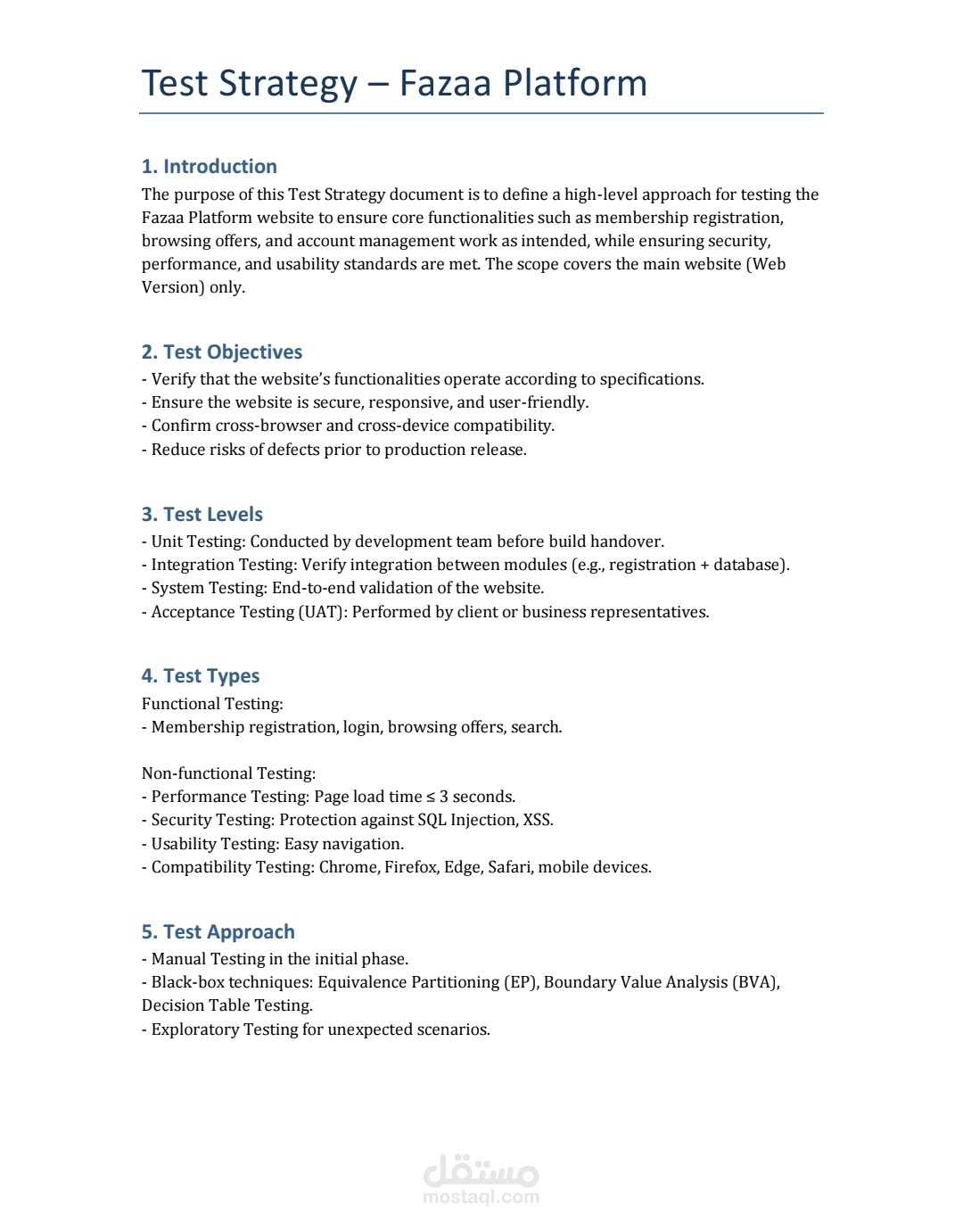 إعداد استراتيجية اختبار (Test Strategy) لمنصة Fazza
