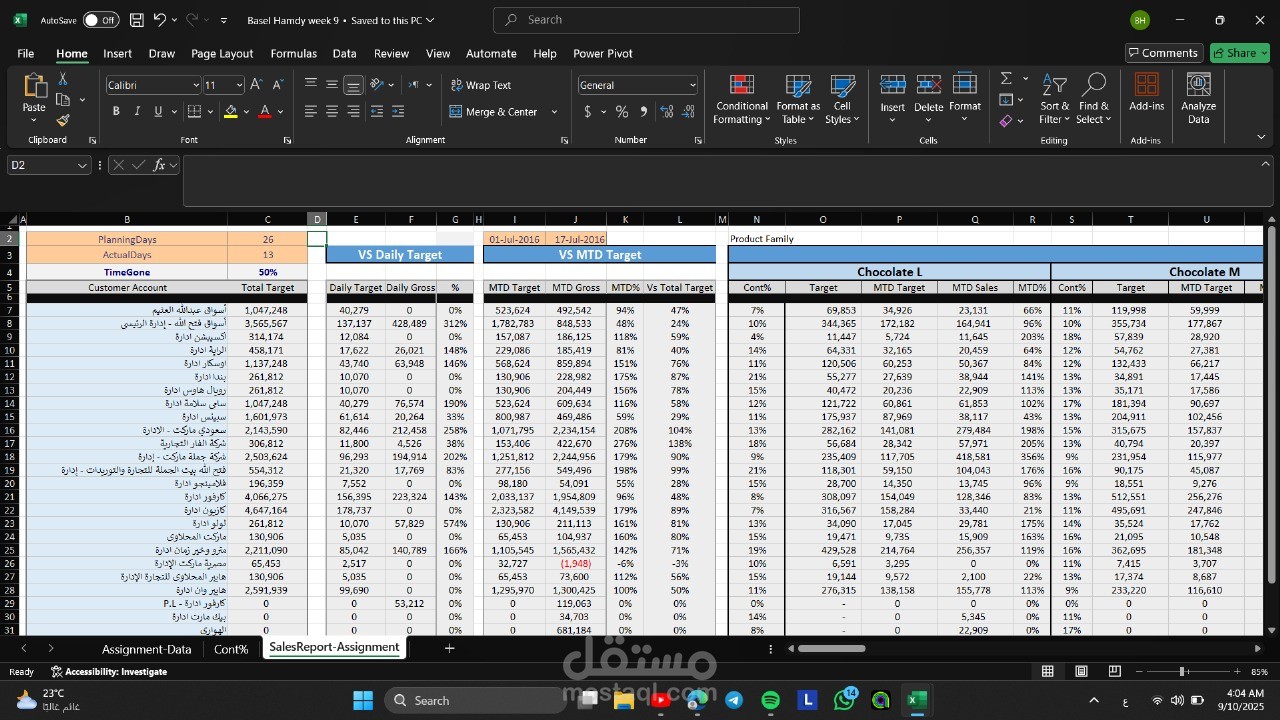 تحليل بيانات المبيعات وإعداد تقارير أداء باستخدام Excel