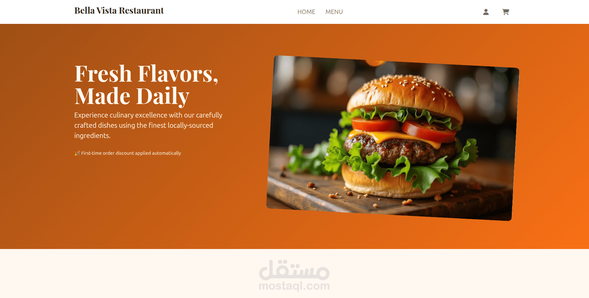 تصميم موقع حديث و مطور عن المطعم Bella Vista Restaurant باستخدام HTML CSS Javascript React.js