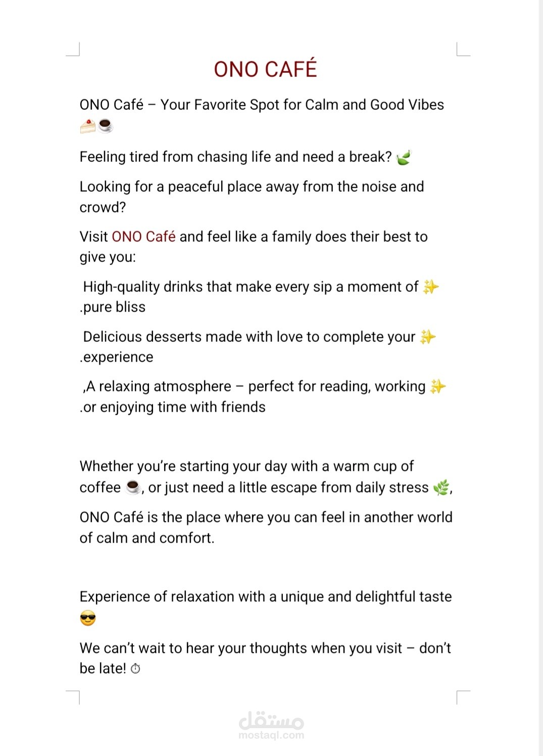 Social media post ONO Café