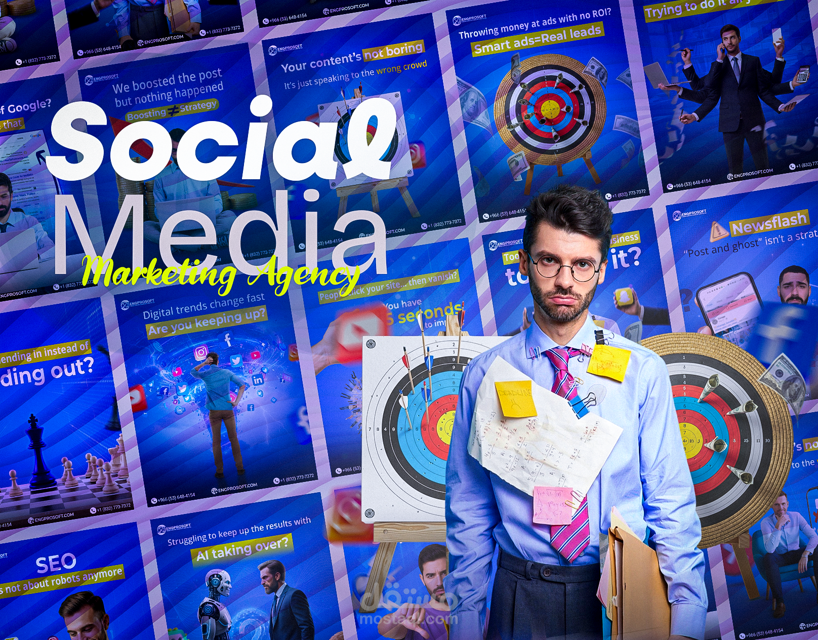 تصميم حملة سوشيال ميديا متكاملة لشركة Engprosoft في السعودية | 13 تصميم احترافي