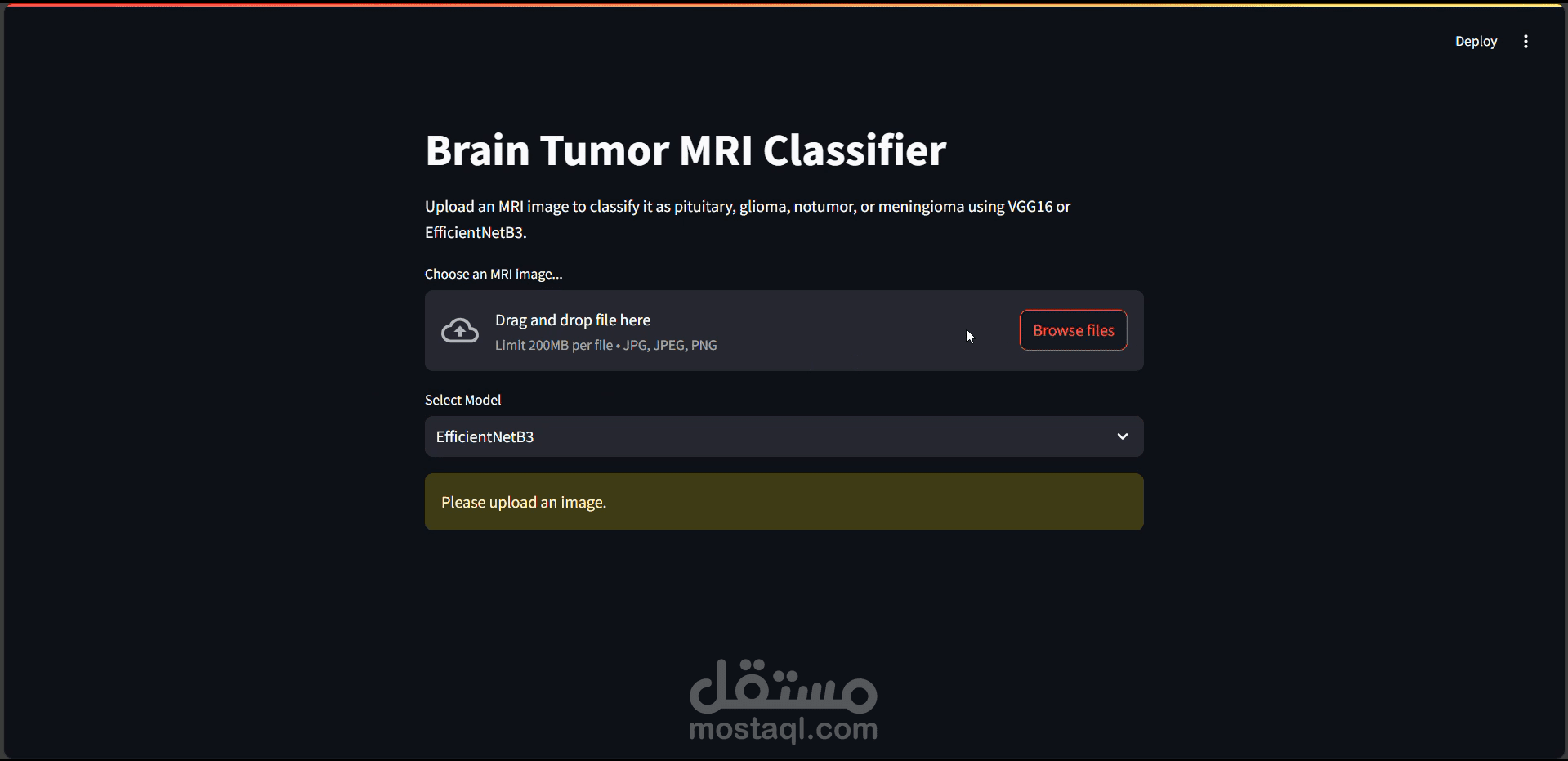 يقوم هذا المشروع بتطوير نظام تصنيف تصوير الرنين المغناطيسي لأورام المخ باستخدام نماذج التعلم العميق