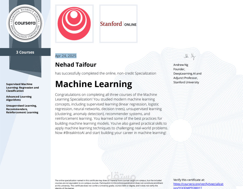 Machine Learning Specialization Certificate