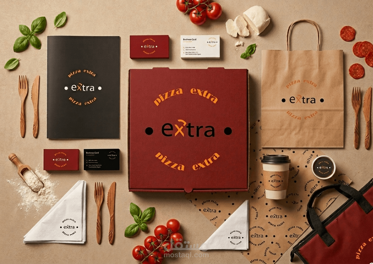 تصميم هوية بصرية مطعم بيتزا "Pizza Extra" – لمسة عصرية بنكهة لونية جذابة