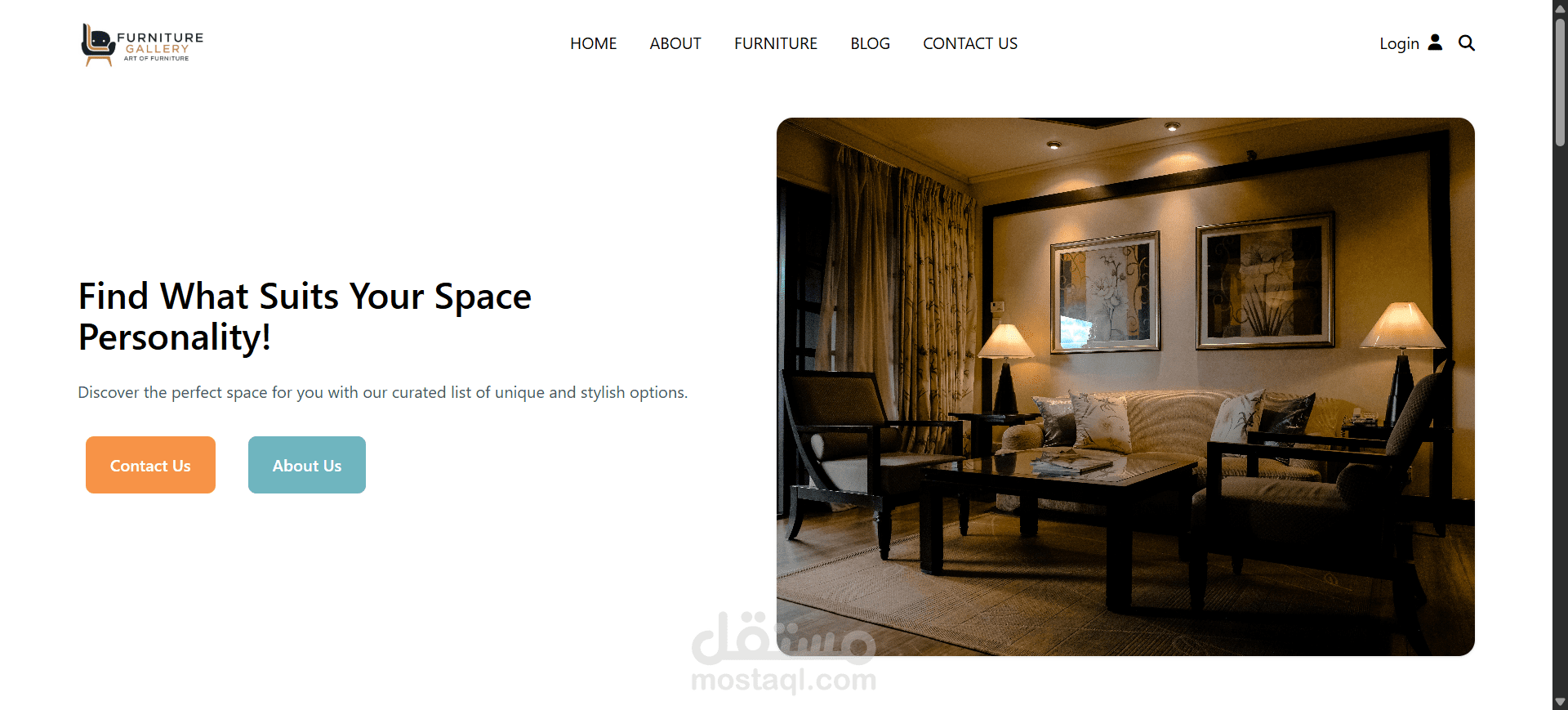تصميم صفحة هبوط  تجارة أثاث مع قسم “About Us” و”Latest Blog”.