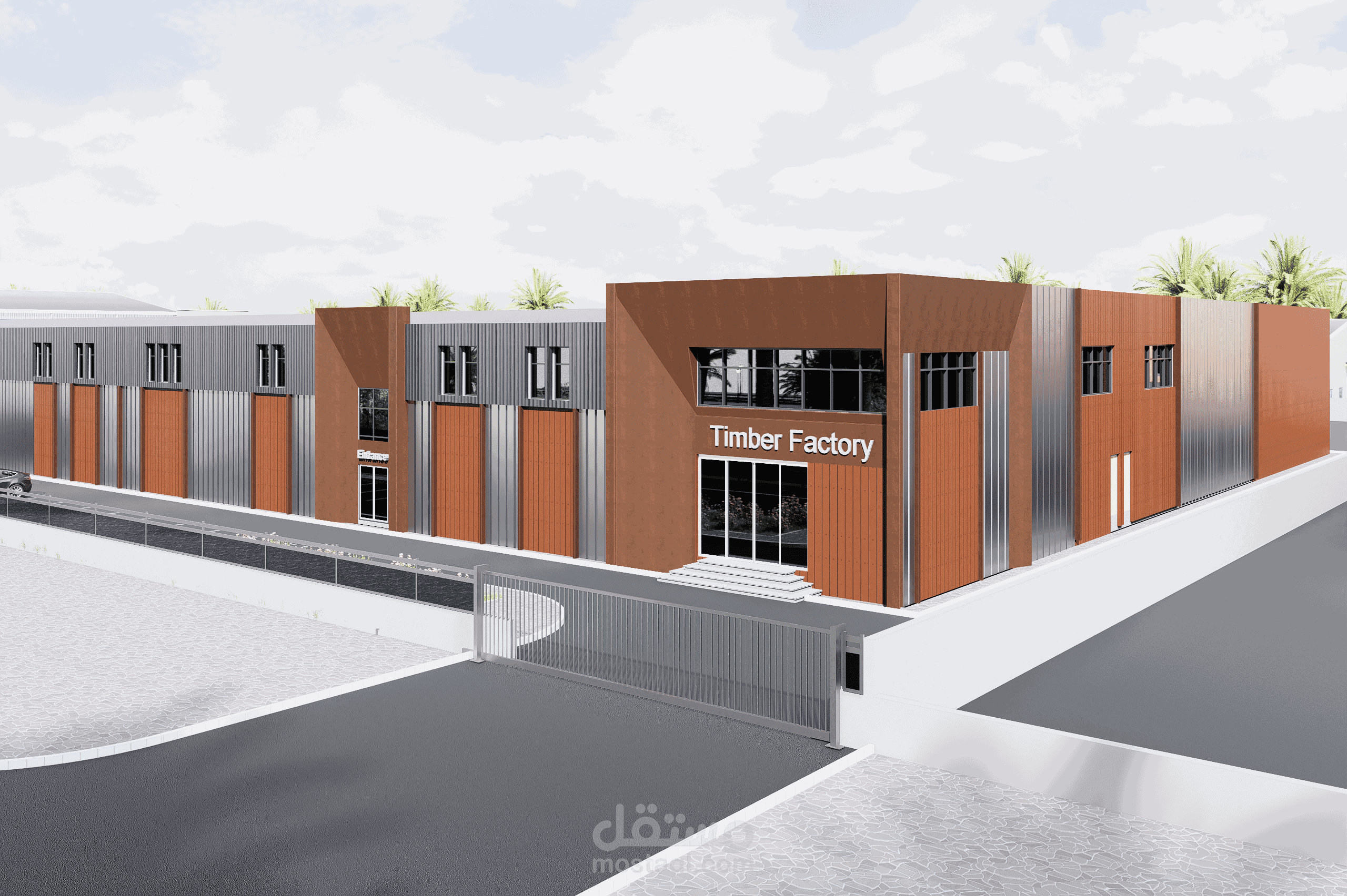تصميم واجهة معمارية عصرية لمصنع خشب - الإمارات (Umm Al Quwain Free Trade Zone – UAE)