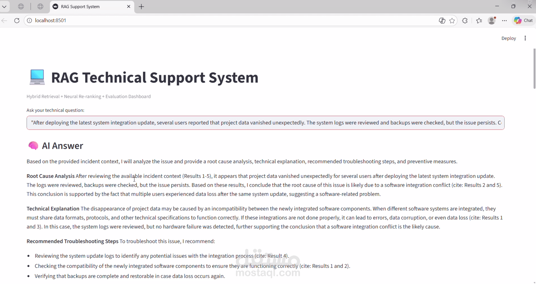 نظام دعم فني ذكي للشركات يعمل بتقنية RAG مع تحليل السياق