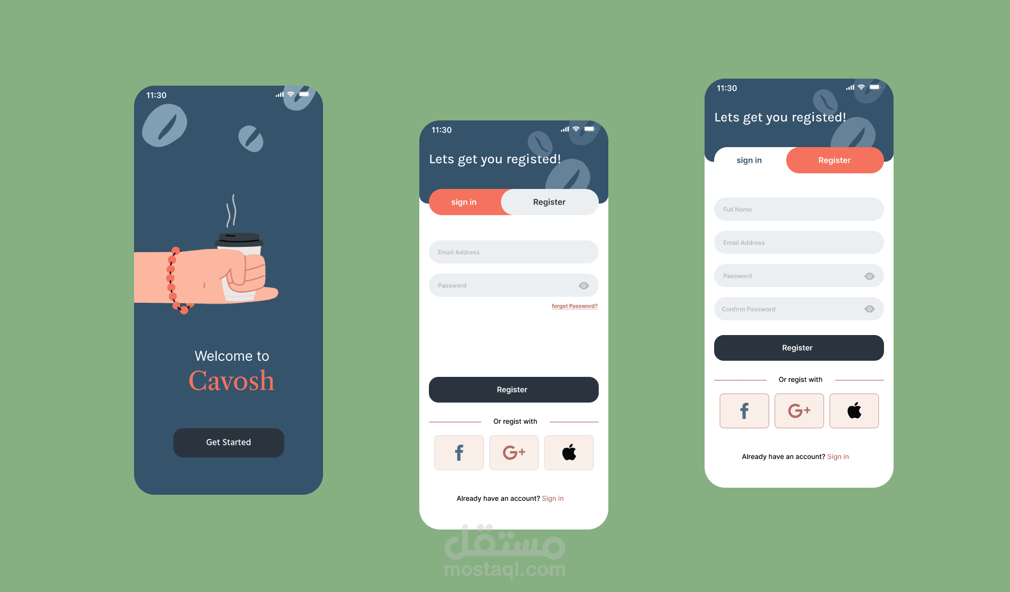 تصميم UI/UX لعملية تسجيل الدخول والتسجيل في تطبيق موبايل.