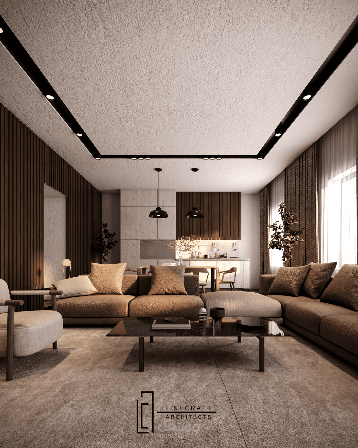 مشروع تصميم داخلي – مساحة معيشة وطعام مفتوحة