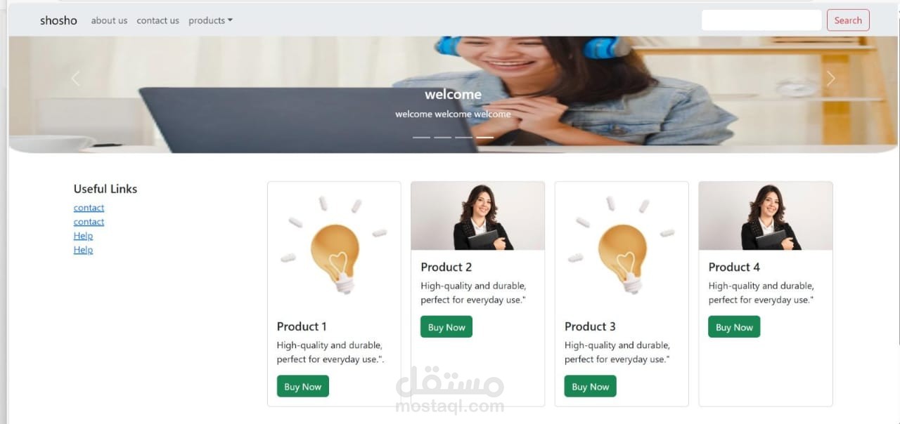 صفحة ويب متجاوبة باستخدام Bootstrap (Navbar – Slider – Products – Footer)