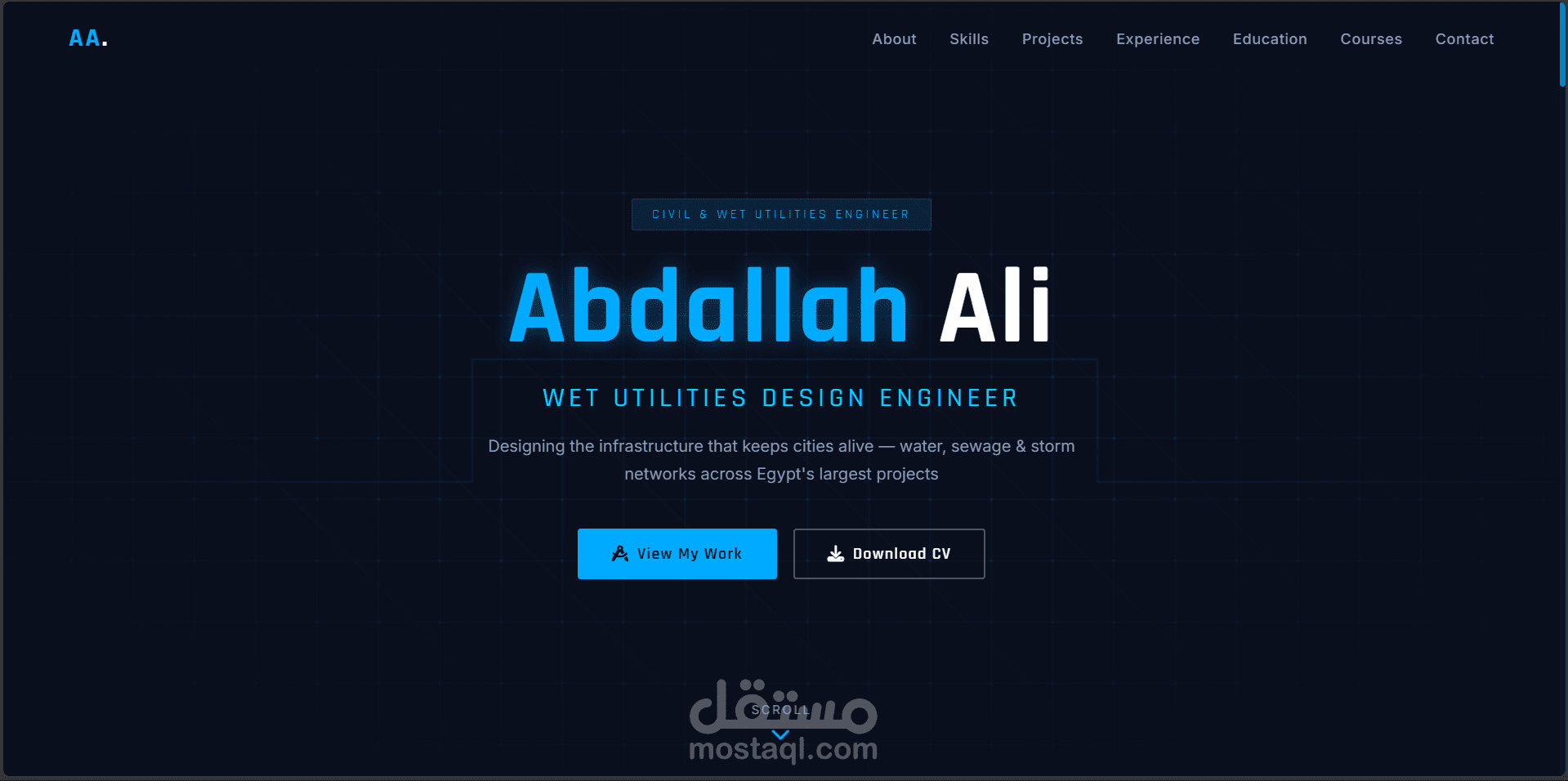 تصميم وتطوير موقع سيرة ذاتية (Portfolio) لمهندس تصميم شبكات مرافق مدنية