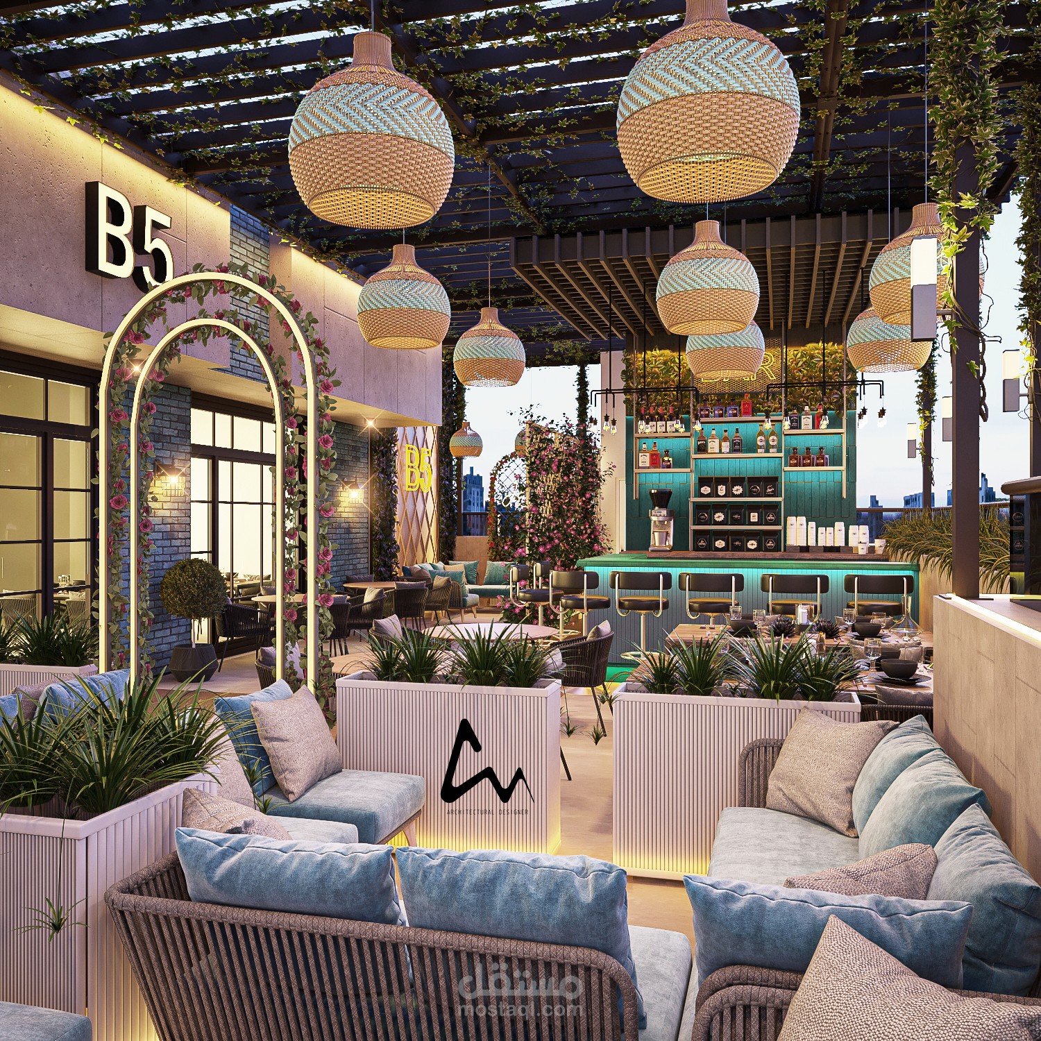 تصميم التراس الخارجي لمطعم في مدينة بغداد في العراق