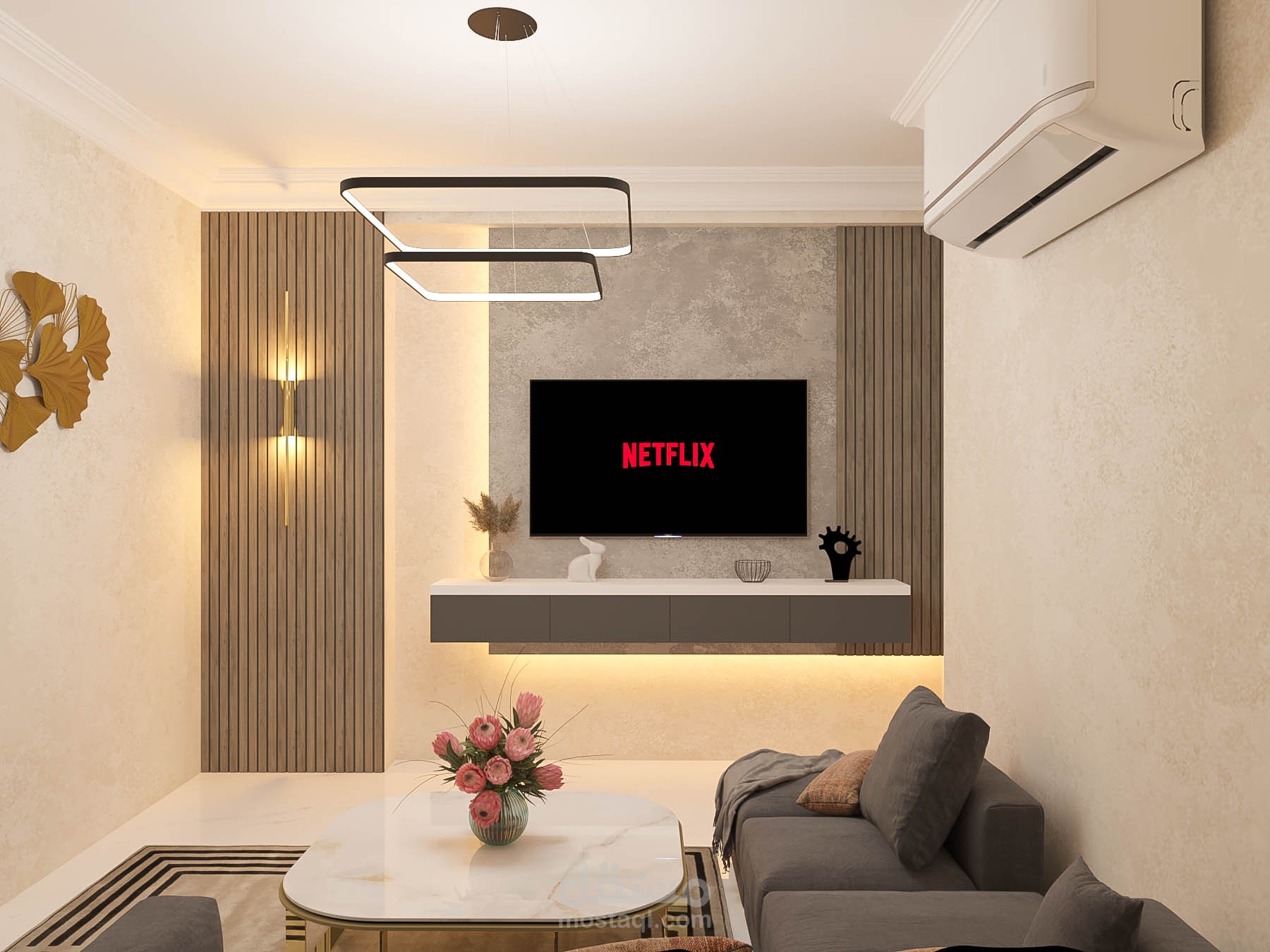 تصميم داخلي – غرفة معيشة سكنية (3.5م × 3م)
